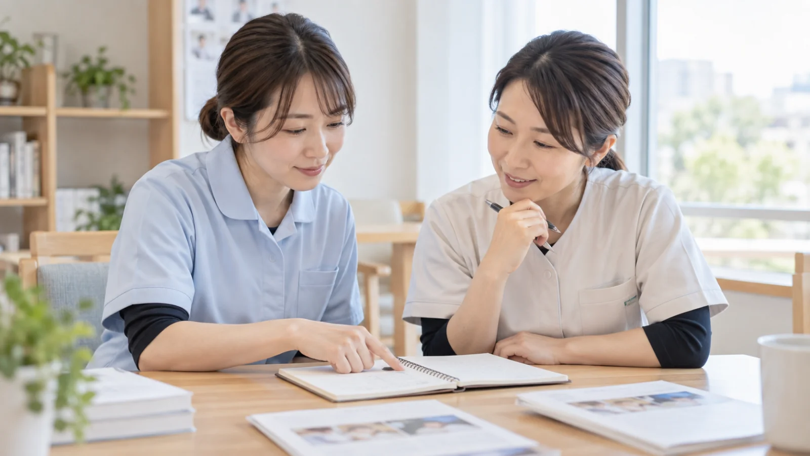 仕事について資料を見ながら相談するイメージ